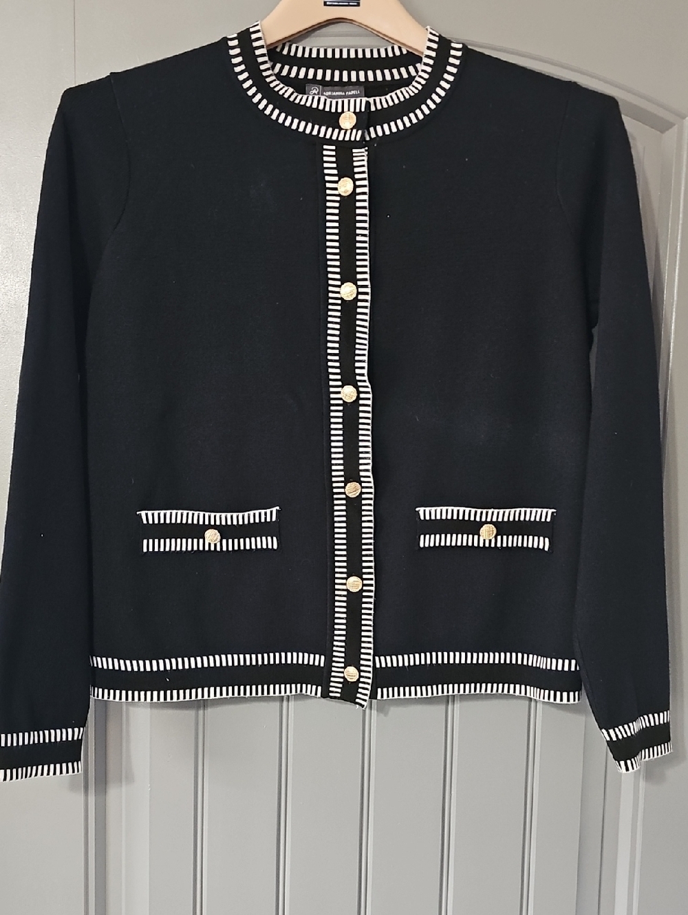 Adrianna Papell Black Knit Cardigan with White Trim and Gold Buttons (A)